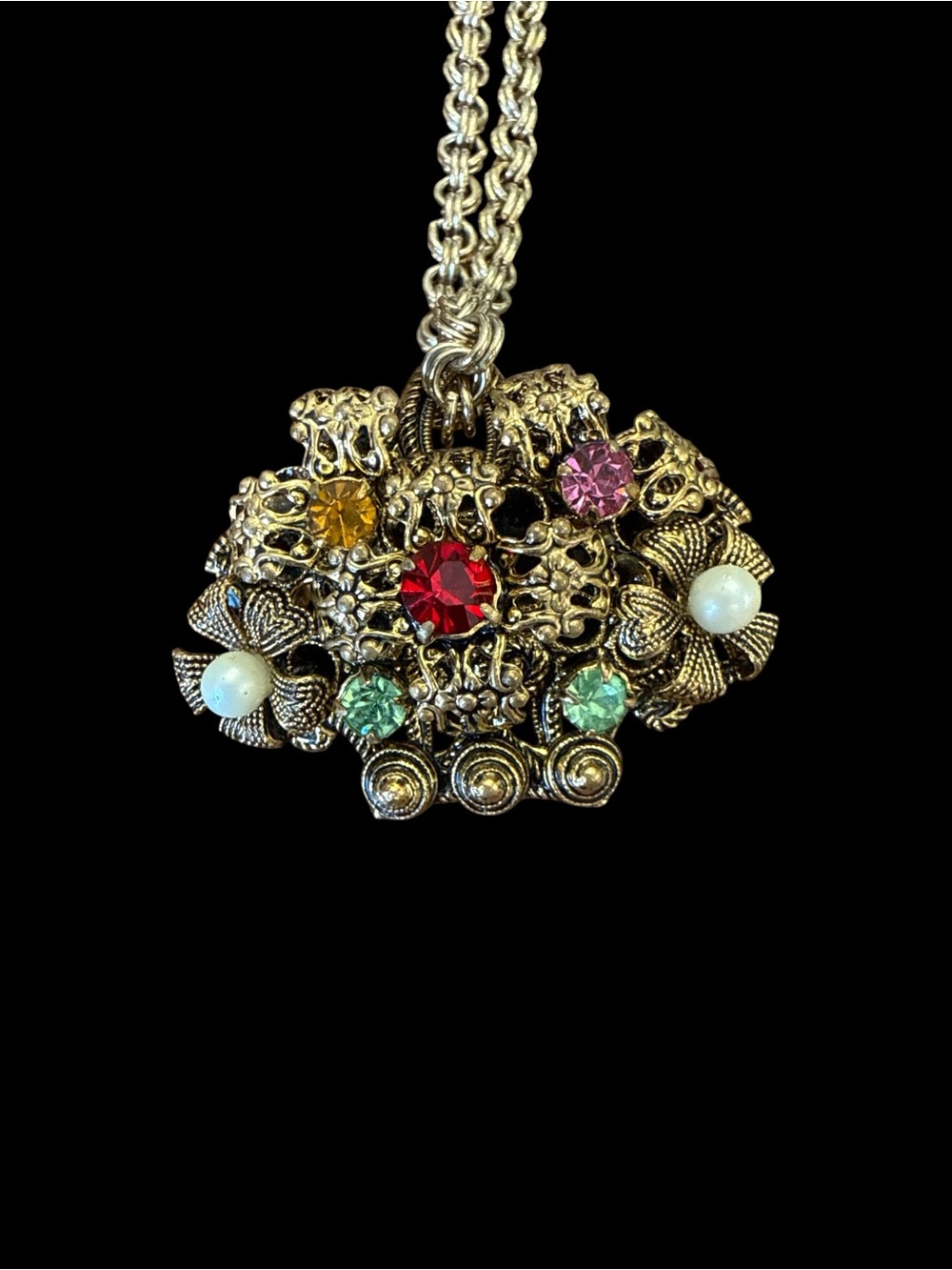 Vintage Czech Rhinestone Floral Basket Pendant with 30” Chain - Picture 5 of 11